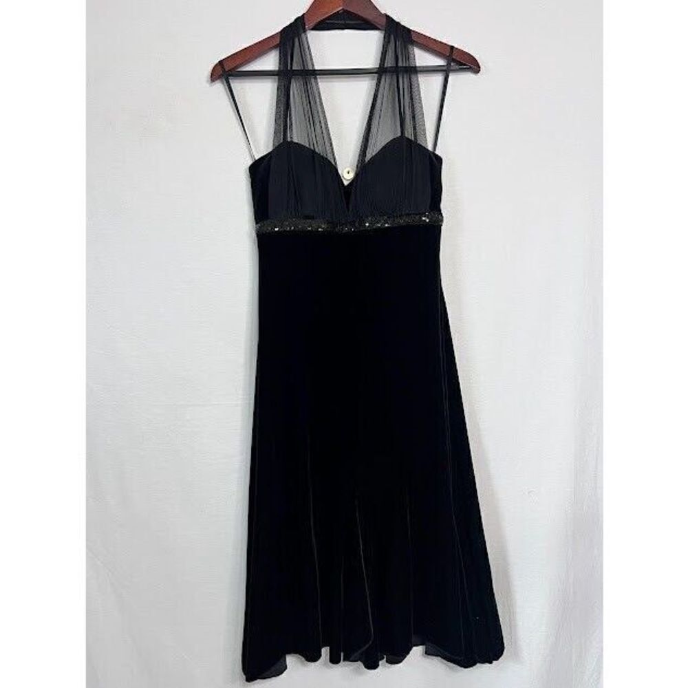 Y2K Vintage Black Stretch Velvet sequin Halter Top Dress Blondie Nites Size 9
